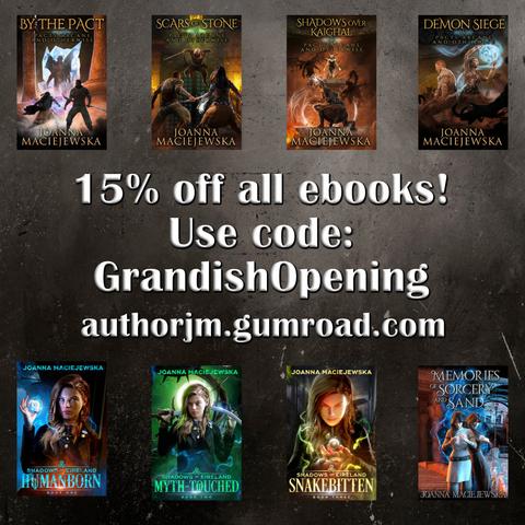 Covers of books by Joanna Maciejewska and text "15% off all ebooks! Use code GrandishOpening. authorjm.gumroad.com