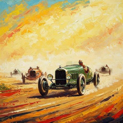 Vintage race cars speed down a dirt track, kicking up dust against a vibrant sky.
