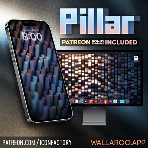 An iPhone and Mac desktop wallpaper of smooth, metalli pillars of varying colors rising from the screen. Text - Pillar • Patreon Bonus Wallpaper Included • Patreon.com/iconfactory • Wallaroo.app