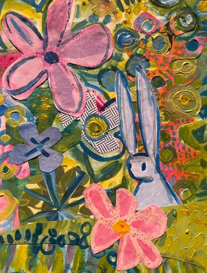 This post is titled bunny love because it is a small little blue bunny in a glorious fluorescent garden. It is made from mixed media, but mostly recycled paper, acrylic, paint, and watercolor.
