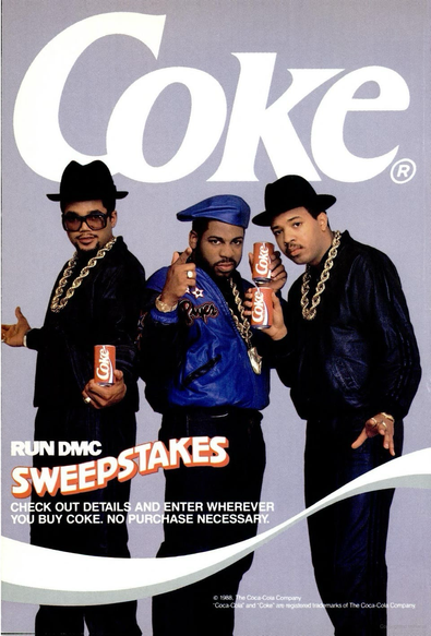 Run DMC poses with cans of Coke, for sweepstakes they ran in 1988