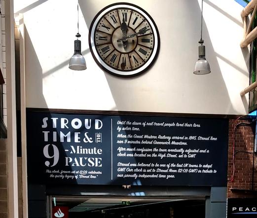 The Stroud Time clock wall mounted at the entrance to the old Merrywalks shopping mall.  Text as per post.