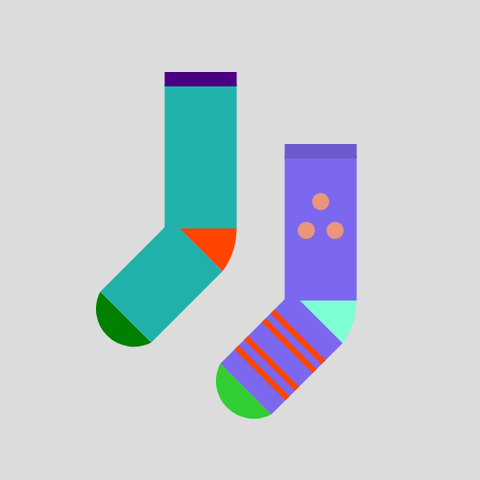 Two socks: One is a LightSeaGreen sock with an OrangeRed heel, a Green toe, and an Indigo cuff, with no decoration, and the other is a MediumSlateBlue sock with an Aquamarine heel, a LimeGreen toe, and a SlateBlue cuff, with three DarkSalmon dots in a triangle on the leg and four OrangeRed stripes on the foot, all on a Gainsboro background.