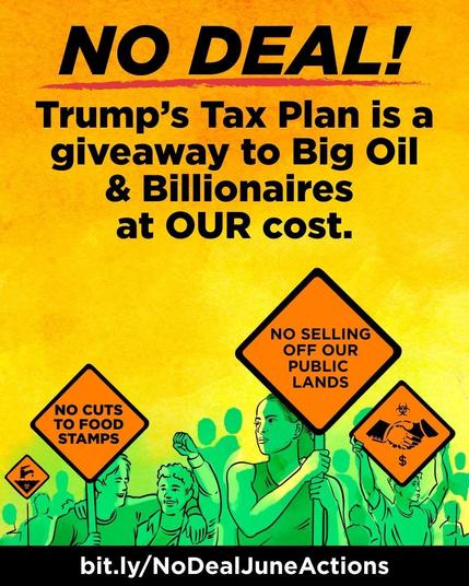 An orange sign that says "No Deal!" with pictures of green people holding signs that say "no selling off our public lands" and "no cuts to food stamps