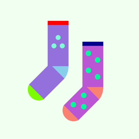 Two socks: One is a MediumPurple sock with a SkyBlue heel, a LawnGreen toe, and a Red cuff, with three Aquamarine dots in a triangle on the leg, and the other is a MediumOrchid sock with a Salmon heel, a Salmon toe, and a DarkBlue cuff, with  MediumSpringGreen polkadots, all on a Honeydew background.