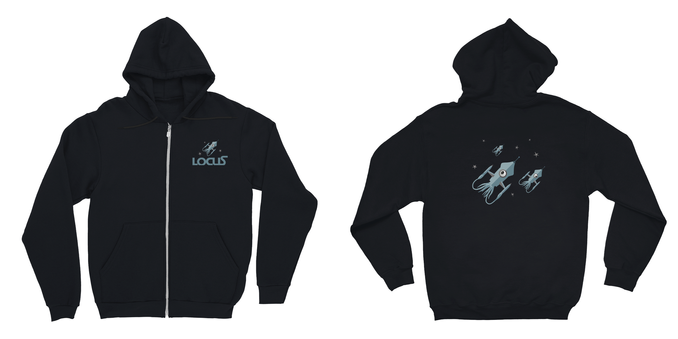Locus Hoodie, front and back. Black with little aliens on it