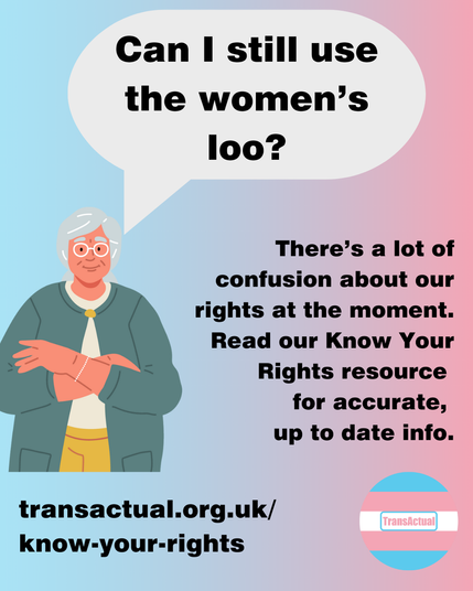 Illustration of a woman with grey hair and glasses. A speech bubble says 'Can I still use the women's loo?'. Other text on the graphic says 'There's a lot of confusion about our rights at the moment. Read our Know Your Rights resource for accurate, up to date info. transactual.org.uk/know-your-rights