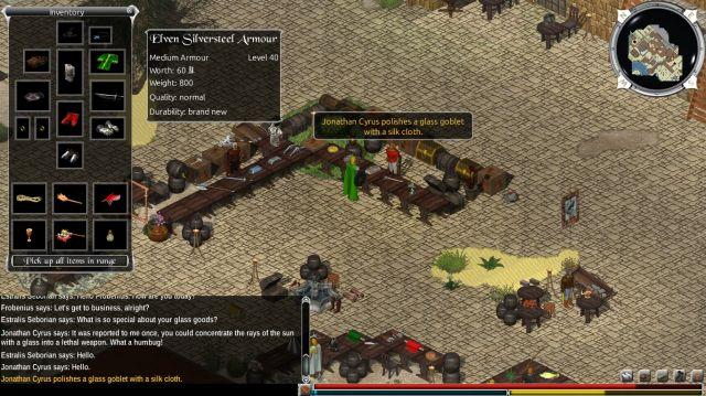 🕶️ A bird's eye view of the game showing a medieval-style market with merchants selling weapons and equipment in a large cobblestone square, and for the interface, an inventory system, a map of the area, a comment area and character status at the bottom

📚️ Illarion is a 2.5D, libre, multi-platform and mature High Fantasy MMORPG, taking place in the eponymous, persistent and open world. It focuses on player interaction and a great freedom of action. The player chooses his race (Human, Orc, Elf, Dwarf, Haflings, Lizards), and is not bound to any class. 16 Gods are worshipped by the citizens of 3 factions led by gamemasters who organize events and quests. A crafting system allows you to make several hundred items. Moreover, the game has a soundtrack associated with each zone, giving it its own atmosphere.