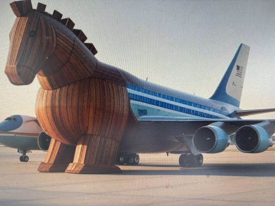 A Trojan Horse 747. Air Force 1 rendered with a wooden horse torso and front legs replacing the front of the planes hump and nose.