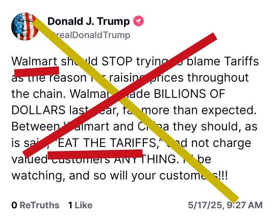 Walmart should stop trying to blame tariffs as the reason for Rising prices throughout the chain. Walmart made billions of dollars last year, far more than expected. Between Walmart and China they should, as said, eat the tariffs, and not charge valued customers anything. I'll be watching, and so will your customers.!!