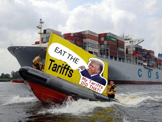 A ship coming in from China with a sticker saying eat the tariffs on a boat next to it Donald Trump says my tariffs did