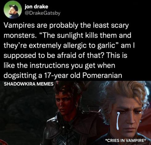 Meme with a teary-eyed vampire says "Vampires are probably the least scary monsters. 'The sunlight kills them and they're extremely allergic to garlic' am I supposed to be afraid of that? This is like the instructions you get when dogsitting a 17-year old Pomeranian."