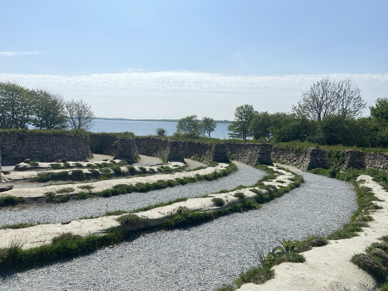 A Cornish stone labyrinth in mid construction, with trees, sea and sky in the background.
