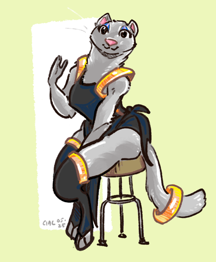 art of an anthro ferret woman seated on a stool wearing a loose and flowy black set of robes. the trim and a large ring on her tail are gold, her fur is short and white and she wears blue eyeliner.