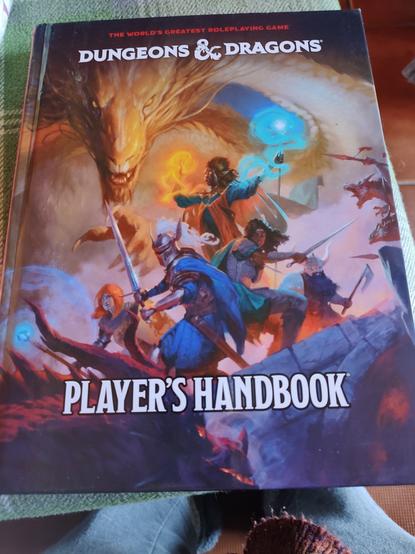 A hardcopy of the Dungeons and Dragons Players Handbook, fifth edition showing a group of companions fighting a dragon on the front cover, among them warriors, a rogue and a wizard or sorcerer who is about to hurl a blue flame at the beast, the massive head and outstretched wings of which are looming over the party.