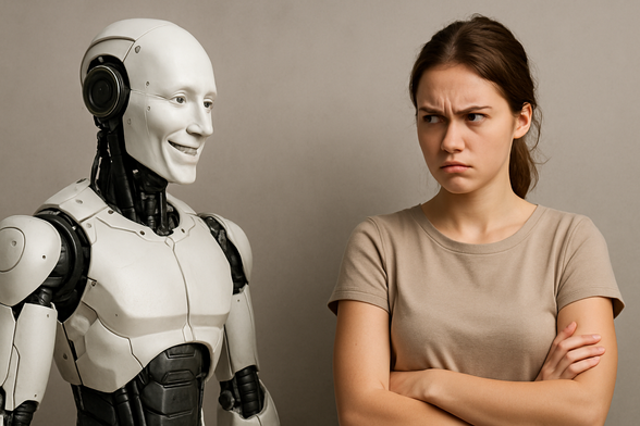 Ein humanoider Roboter lächelt eine junge Frau an, die mit  verschränkten Armen neben ihm steht und ihn mit verärgertem Gesichtsausdruck ansieht.