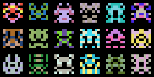a 6x3 grid of multicolored 8x8 pixel aliens a la space invaders