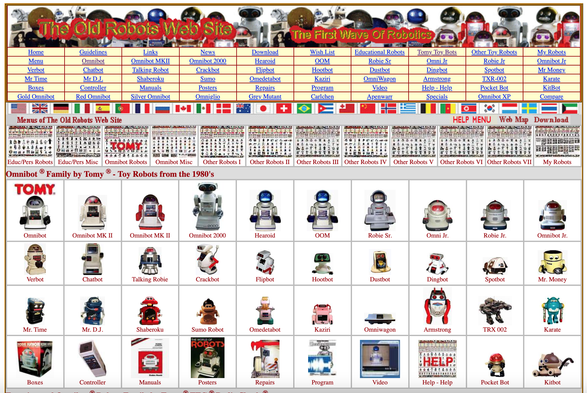 A website called: The Old Robots Web Site: The First Wave of Robotics.

It is written in classic html, with a large table of rows and columns of robot images from the 1970s and 1980s.

Featured prominently on the first page are Tomy robots of the 80s.