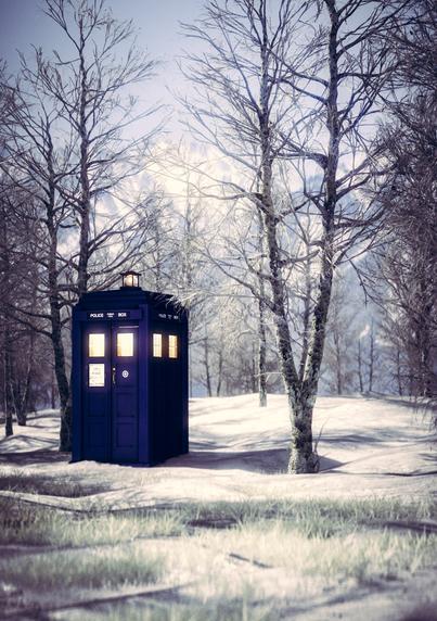 Tardis on the left in a snowy, frostly landscape with scattered birches