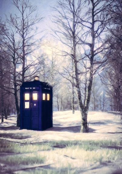 Tardis on the left in a snowy, frostly landscape with scattered birches