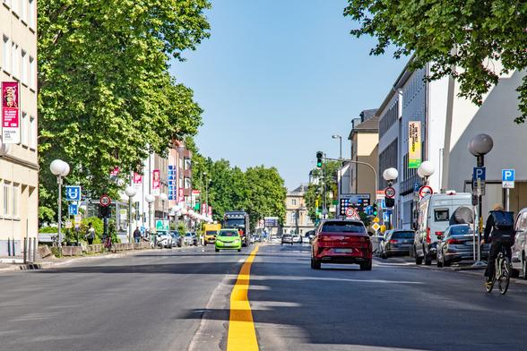 Adenauerallee mit Bäumen und Gebäuden auf beiden Seiten, Autos und Fahrräder fahren auf der Straße, ein Fußgänger am Gehweg, helles Tageslicht. In der Straßenmitte ist die gelbe Markierung.
