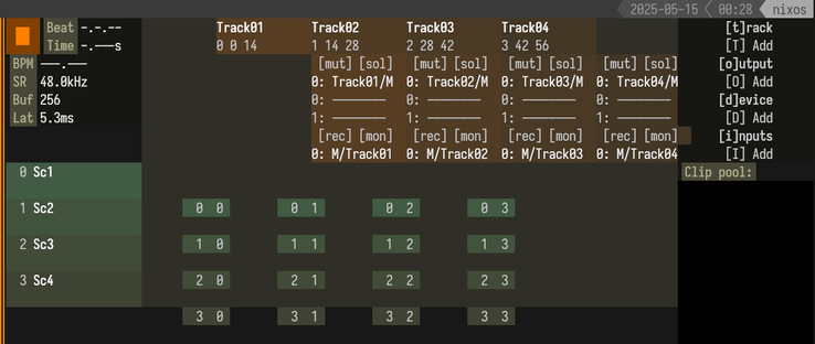 screenshot of broken tui daw interface in beautiful earthy tones