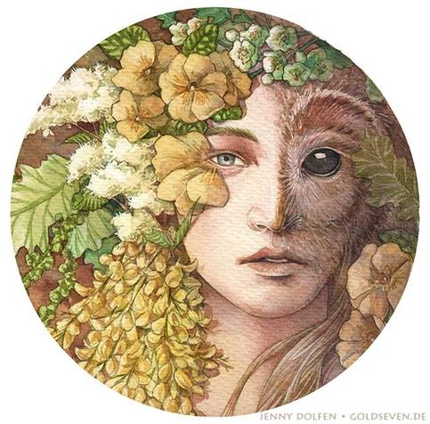 Blodeuwedd's face as it transforms from flowers to human to an owl. Image by Jenny Dolfen.