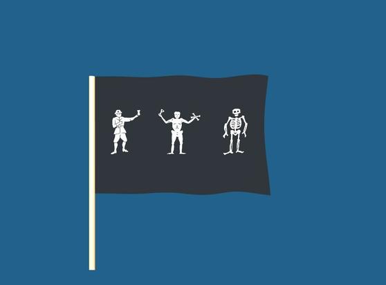 A randomly generated pirate flag. Elements of the flag may include skeletons, skulls, pirates, crossed bones, hourglasses, hearts, and swords.
