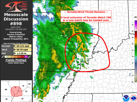 Mesoscale graphic indicating 80% chance of severe weather Areas affected...far eastern Missouri...southeast    Illinois...southwest Indiana...and western Kentucky