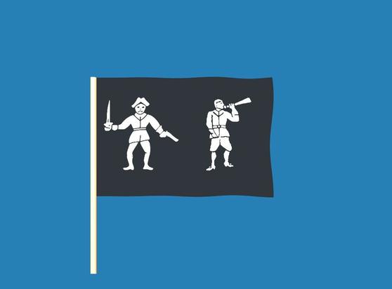 A randomly generated pirate flag. Elements of the flag may include skeletons, skulls, pirates, crossed bones, hourglasses, hearts, and swords.