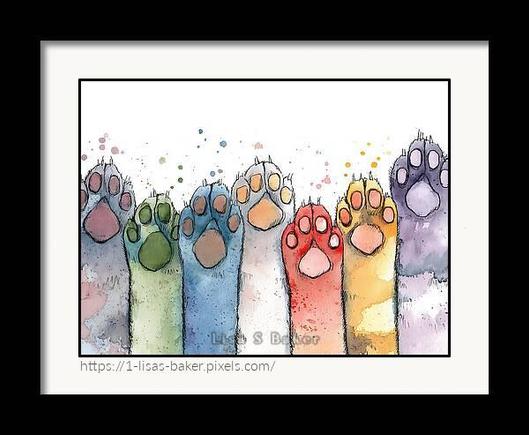 Displayed as a framed print Raise Your Paw is a playful tribute to our feline friends, featuring a whimsical lineup of cat paws, each painted in a different vibrant hue.  Art by Lisa S Baker.