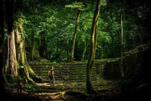 Explorer standing at the stars to a vertical mossy jungle ruin.