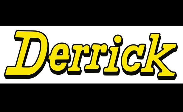 Logo der Fernsehserie "Derrick" in gelber Schrift auf weißem Hintergrund. Der Schriftzug ist in einer klaren, abgerundeten Schriftart gestaltet und hebt sich stark vom Hintergrund ab.