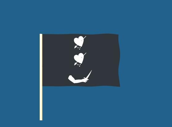 A randomly generated pirate flag. Elements of the flag may include skeletons, skulls, pirates, crossed bones, hourglasses, hearts, and swords.
