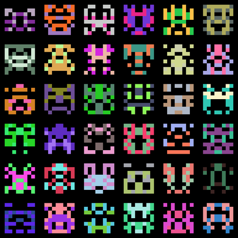 a 6x6 grid of multicolored 8x8 pixel aliens a la space invaders