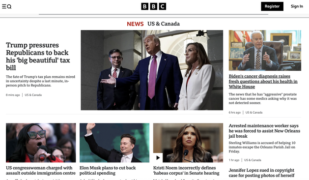 As of 12:30PM PDT there are 5 articles with image previews in this screenshot from the US & Canada section. All are American related.
