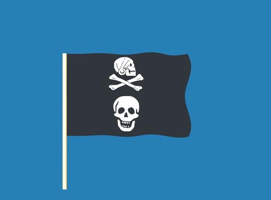 A randomly generated pirate flag. Elements of the flag may include skeletons, skulls, pirates, crossed bones, hourglasses, hearts, and swords.