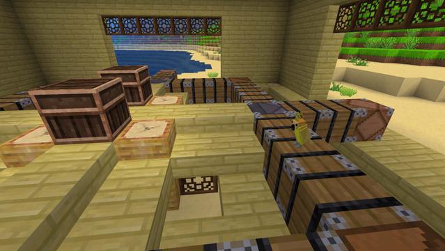 A palm wood hut with chests, barrels and other wooden stuff lying around. A yellow parrot stands on one of the barrels.