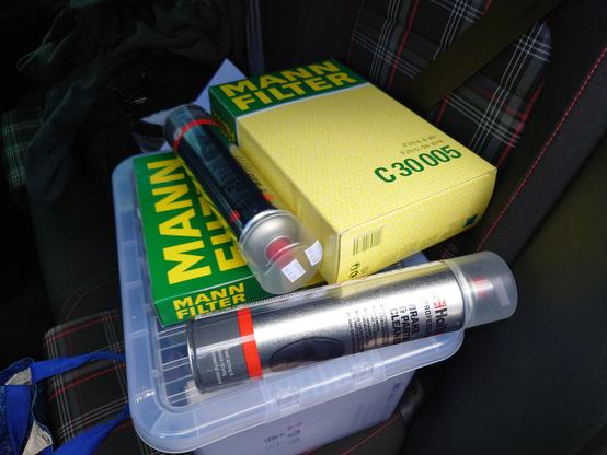 Haul of air intake and cabin filters (from Mann Filter), and 2 cans of brake cleaner (for cleaning wheels and brake calipers)