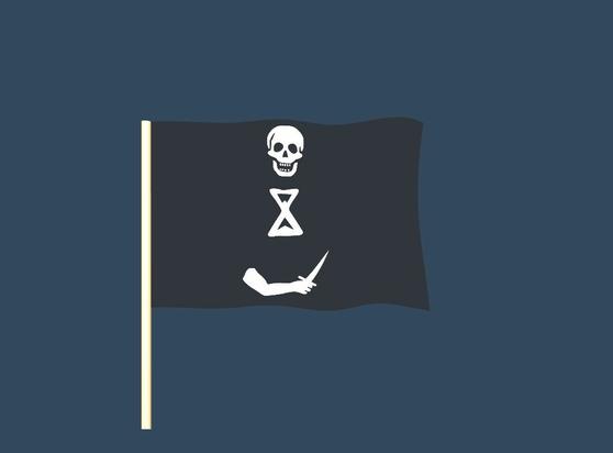 A randomly generated pirate flag. Elements of the flag may include skeletons, skulls, pirates, crossed bones, hourglasses, hearts, and swords.