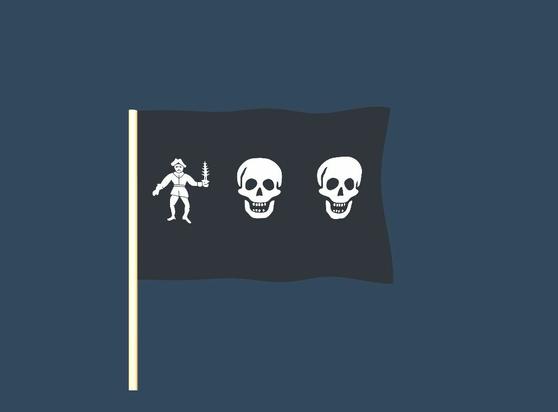 A randomly generated pirate flag. Elements of the flag may include skeletons, skulls, pirates, crossed bones, hourglasses, hearts, and swords.
