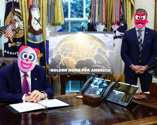 Agent Orange and Hophead Hegseth in the Oval Office, showing off a very poorly made poster entitled "Golden Dome for America" which looks like it came from a Trump Org stock photo pile.