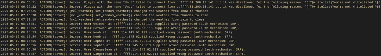 A partial screenshot from my Luanti log file showing attempted log-ins.