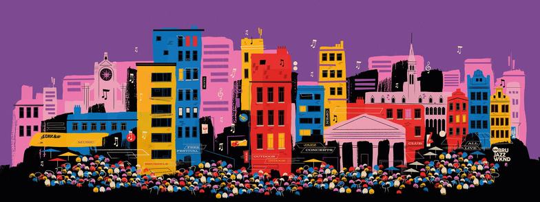 a colorful illustration of a city filled with people and music