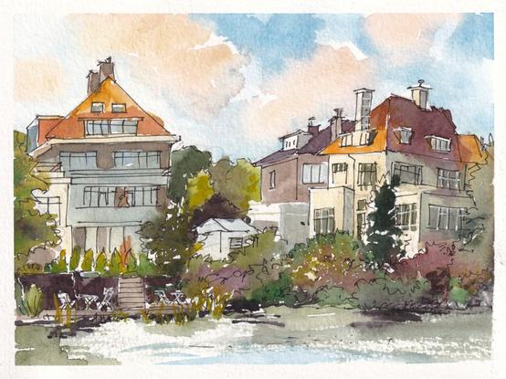 A line art and water color sketch at the Rosarium in The Hague.  Beautiful, huge houses near a pond.