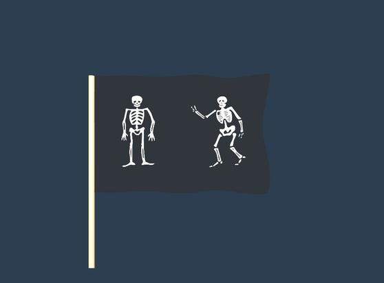 A randomly generated pirate flag. Elements of the flag may include skeletons, skulls, pirates, crossed bones, hourglasses, hearts, and swords.