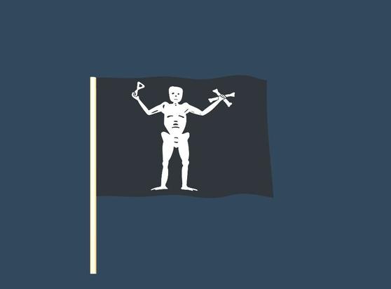 A randomly generated pirate flag. Elements of the flag may include skeletons, skulls, pirates, crossed bones, hourglasses, hearts, and swords.