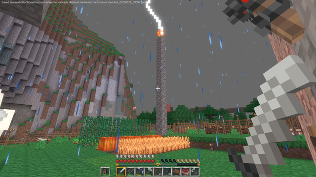 A screenshot of Luanti.  I'm standing just outside my door looking at a cobblestone pillar I've placed in the middle of my farm, with a lightning rod at the top of it.  A lightning bolt is striking it, but since it is elevated high above my farm and on cobblestone, everything is safe.