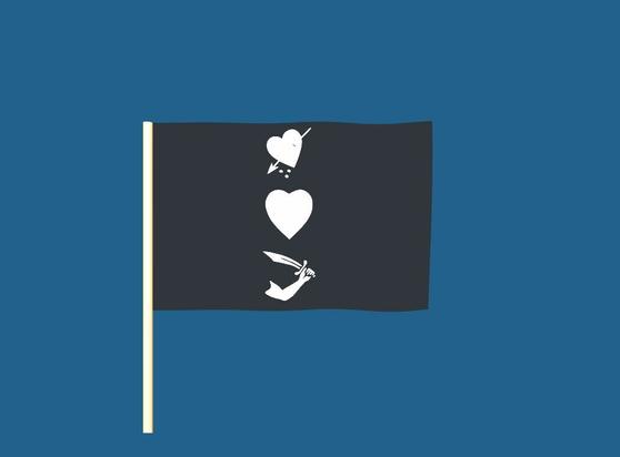 A randomly generated pirate flag. Elements of the flag may include skeletons, skulls, pirates, crossed bones, hourglasses, hearts, and swords.