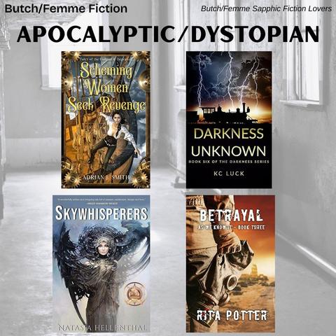 Book covers of Apocalyptic/Dystopian genre books on a faded black-and-white deserted apocalyptic background on 05/21/25.